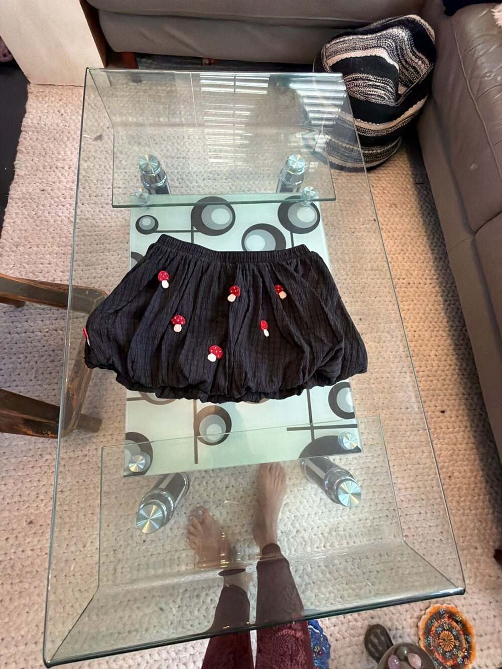 iHeartRaves Women's Mushroom Embellished Black Bubble Hem Mini Skirt